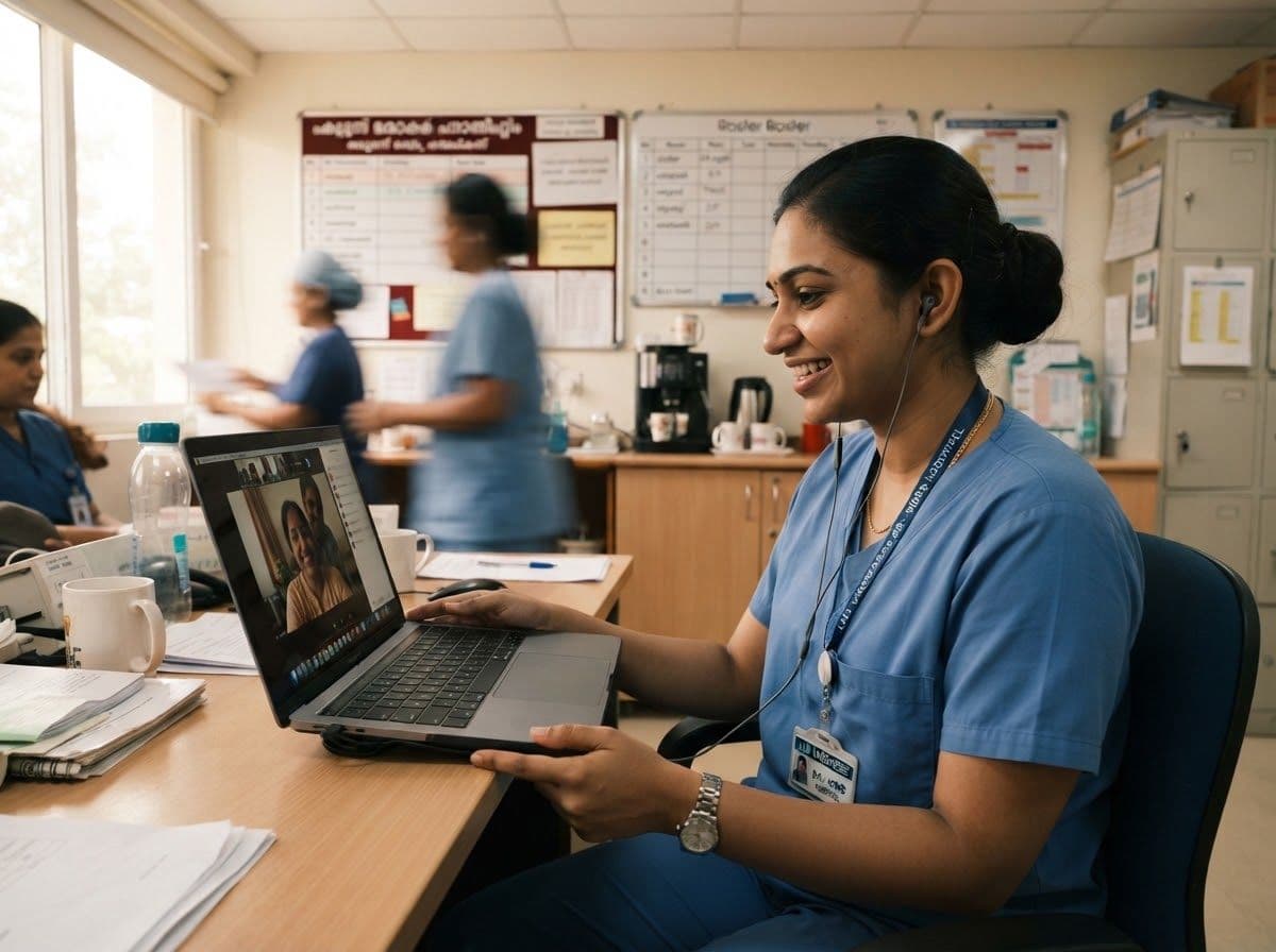 A nurse on a video call from a hospital break room